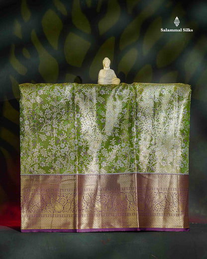 Semi Silk Pattu Pavadai - Olive Green Tissue With Contrast Dark Purple Blouse | 9+ Years 