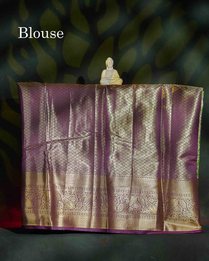 Semi Silk Pattu Pavadai - Olive Green Tissue With Contrast Dark Purple Blouse | 9+ Years