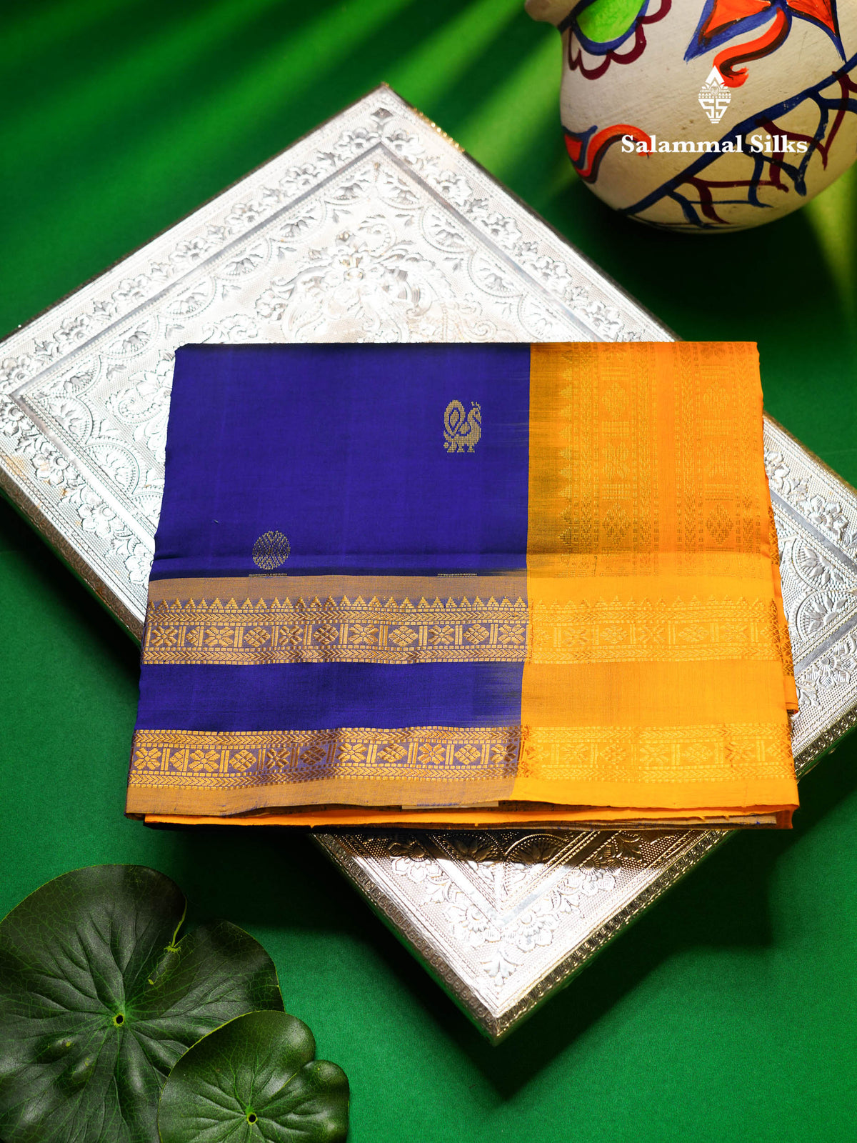 Beautiful Royal Blue Chakaram & Peacock Zari Butta Semi Silk Cotton Saree With Contrast Mustard Yellow Blouse