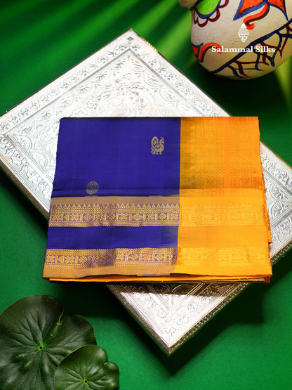 Beautiful Royal Blue Chakaram & Peacock Zari Butta Semi Silk Cotton Saree With Contrast Mustard Yellow Blouse