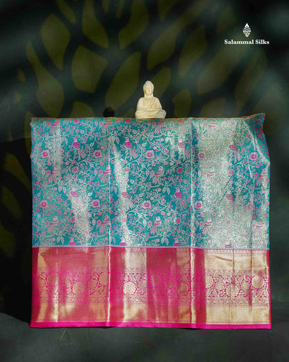 Semi Silk Pattu Pavadai - Sky Blue Tissue With Contrast Pink Blouse | 9+ Years 