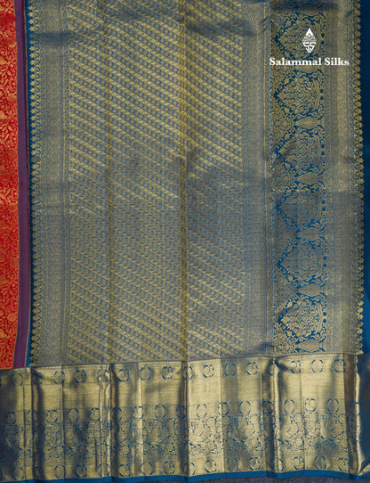Beautiful Chilly Red Bridal Pure Kanjivaram Silk Saree With Contrast Peacock Blue Evening Morning Border