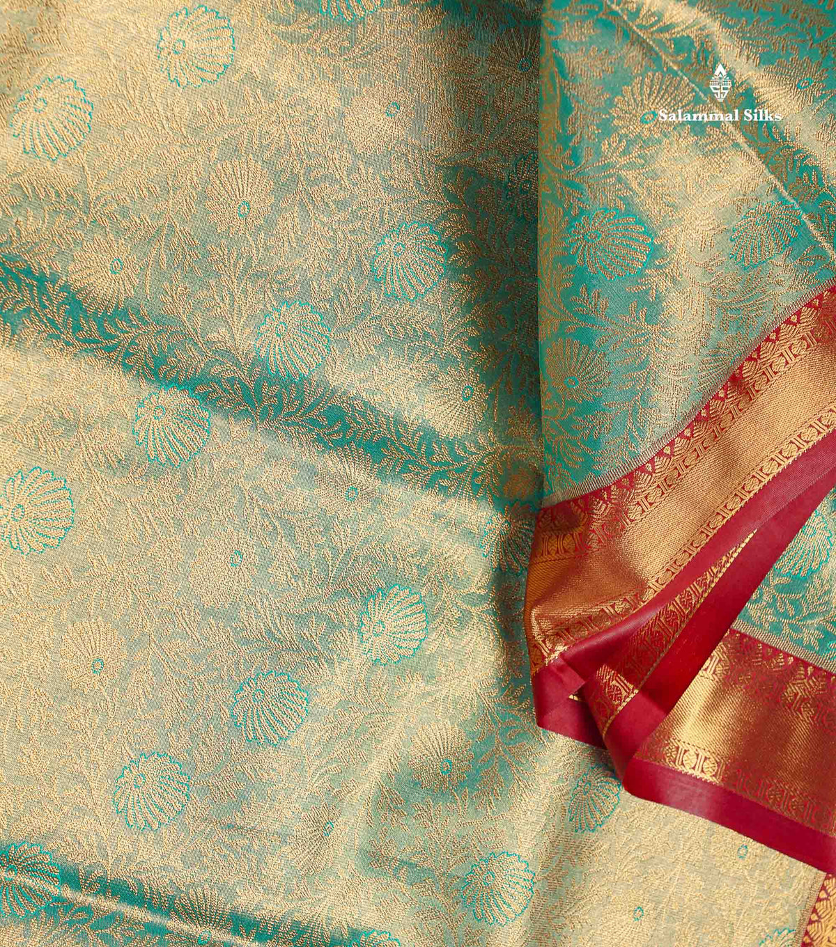 Tissue Bridal Semi Silk Saree - Sea Green Colour Body With Contrast Maroon Border