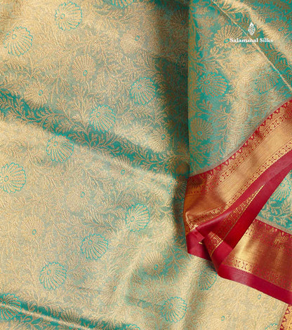 Tissue Bridal Semi Silk Saree - Sea Green Colour Body With Contrast Maroon Border