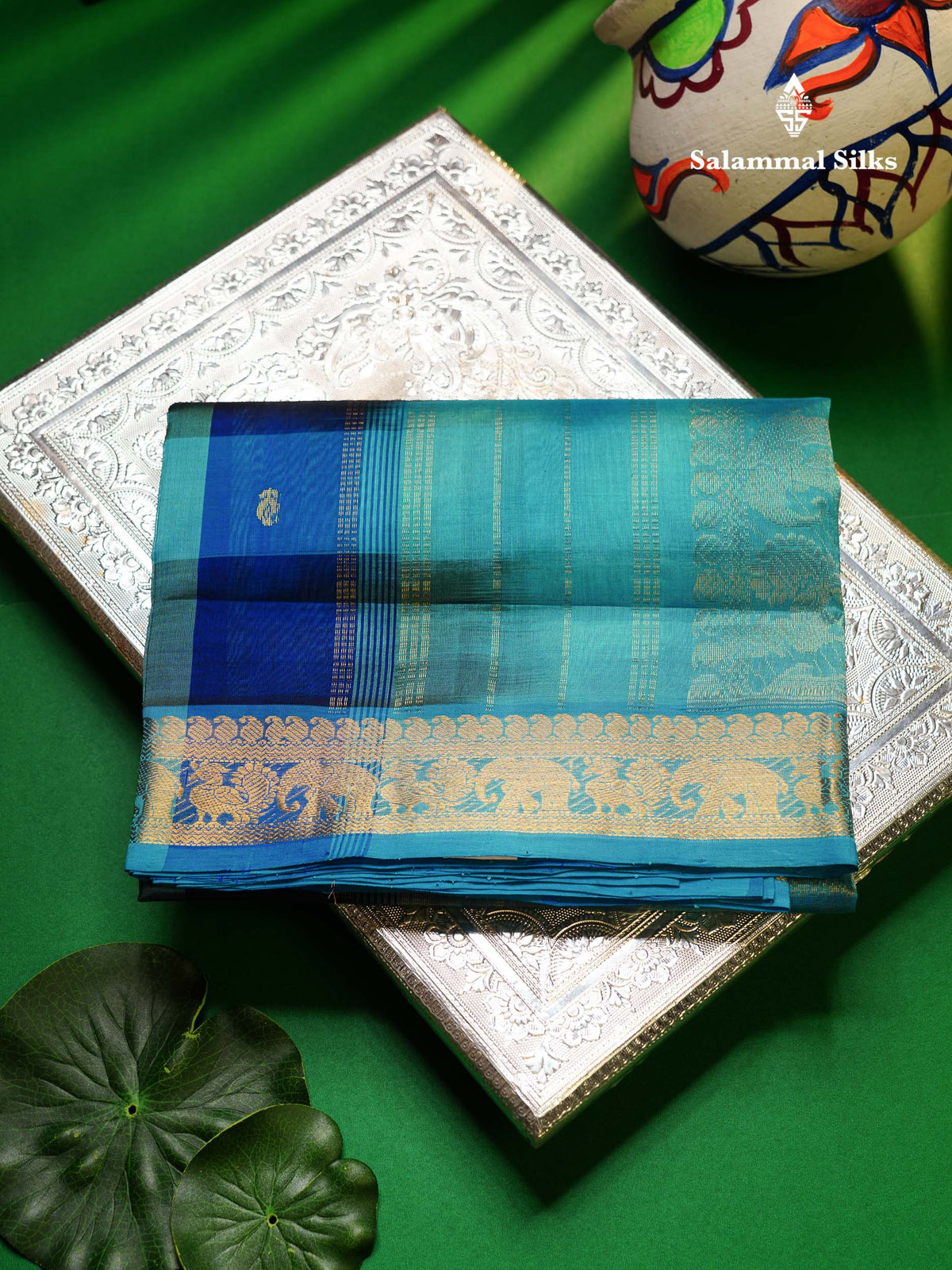 Beautiful Paalum Pazham Checks Pure Silk Cotton Saree With Contrast Sky Blue Blouse