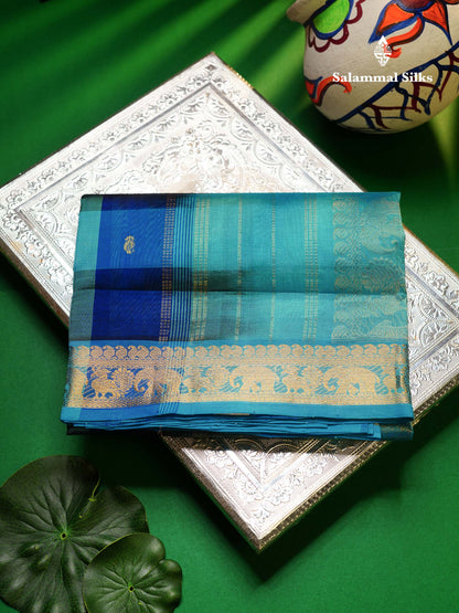 Beautiful Paalum Pazham Checks Pure Silk Cotton Saree With Contrast Sky Blue Blouse