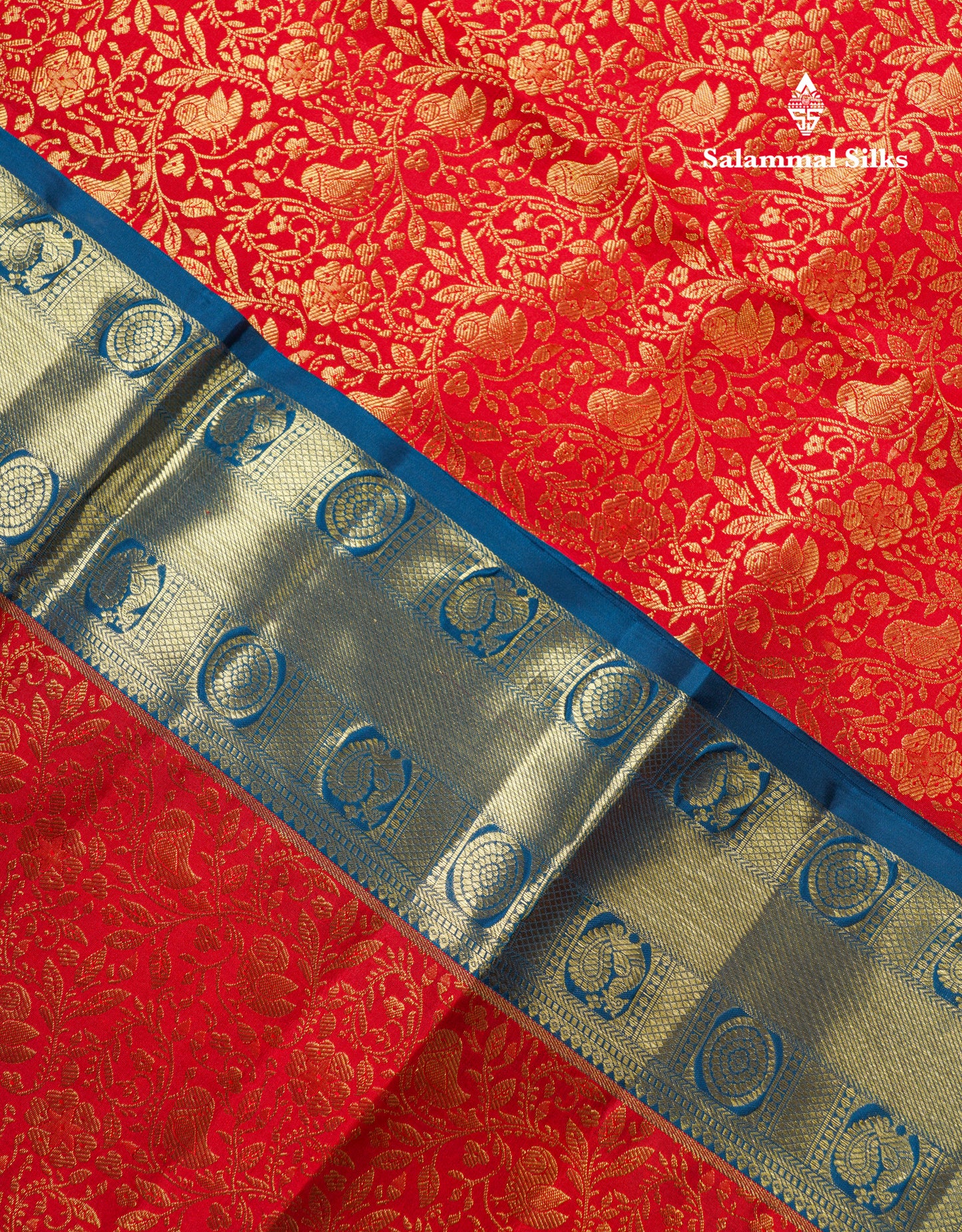Beautiful Chilly Red Bridal Pure Kanjivaram Silk Saree With Contrast Peacock Blue Evening Morning Border