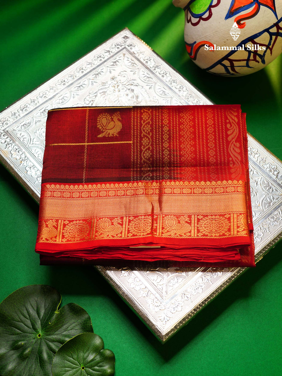 Beautiful Dark Maroon Checks Pure Silk Cotton Saree With Contrast Maroon Traditional Border