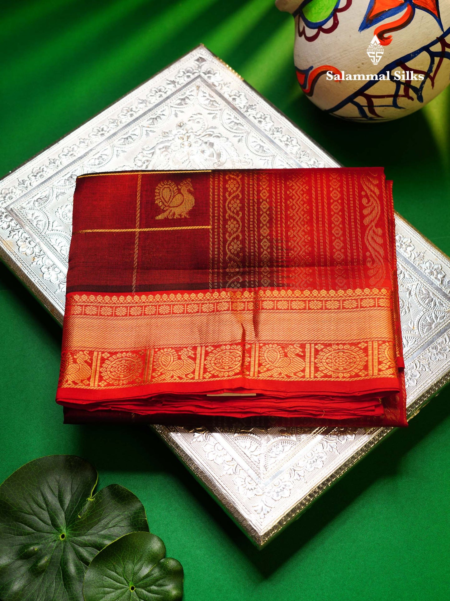 Beautiful Dark Maroon Checks Pure Silk Cotton Saree With Contrast Maroon Traditional Border