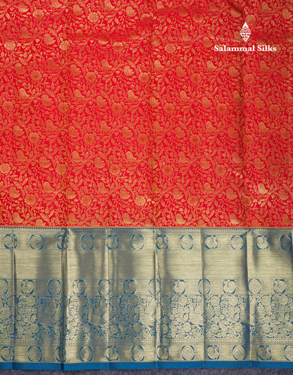 Beautiful Chilly Red Bridal Pure Kanjivaram Silk Saree With Contrast Peacock Blue Evening Morning Border
