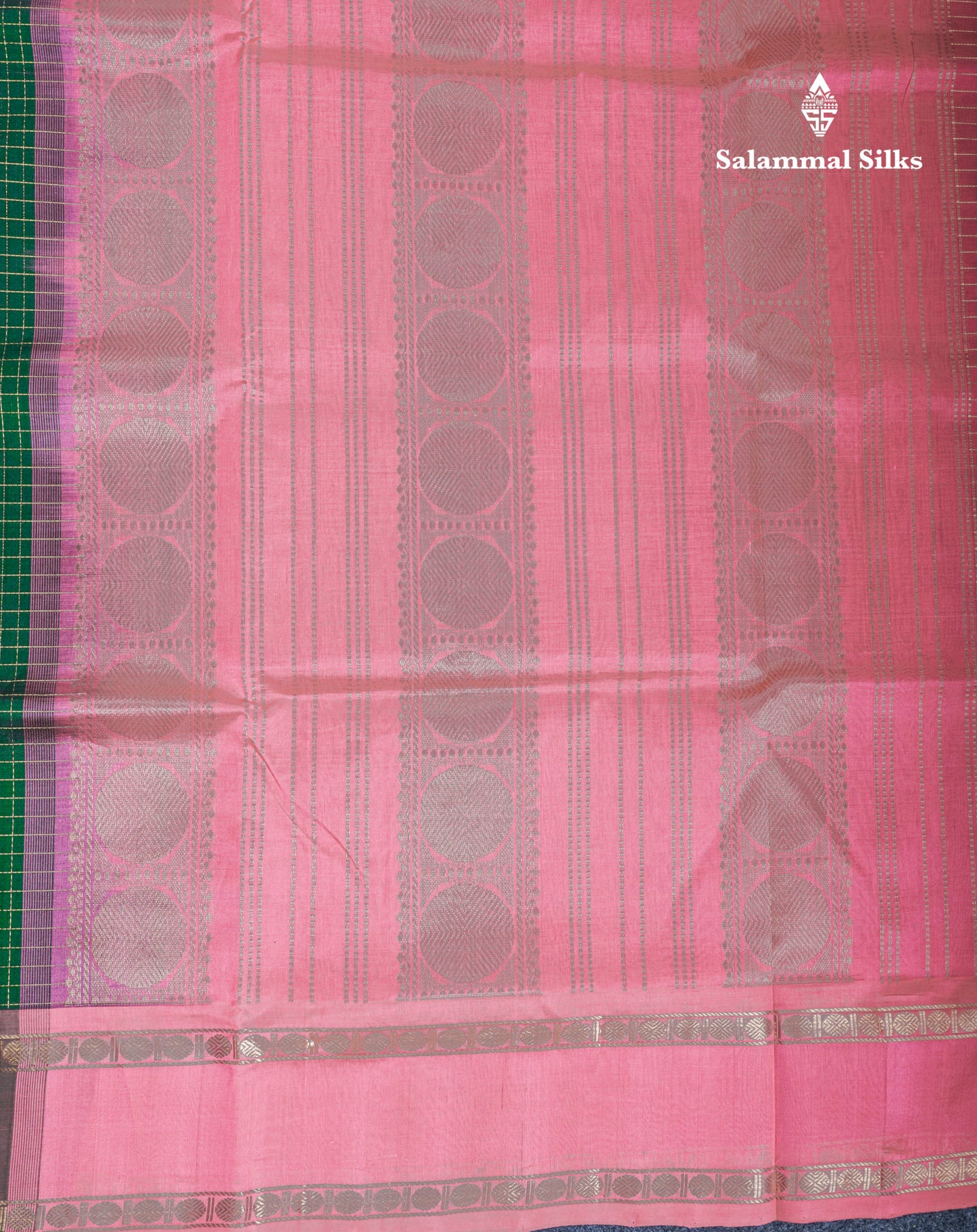 Bottle Green Zari Small Checks Pure Silk Cotton Saree With Traditional Rettapet Border