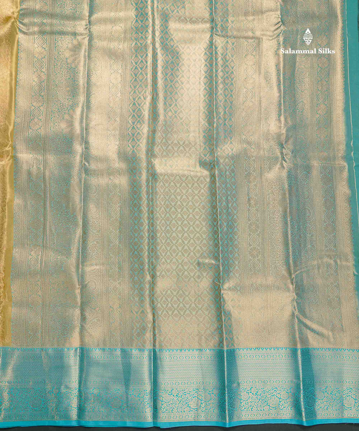 Tissue Bridal Semi Silk Saree - Cream Gold Colour Body With Contrast Light Blue Border