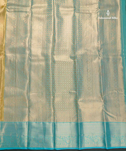 Tissue Bridal Semi Silk Saree - Cream Gold Colour Body With Contrast Light Blue Border