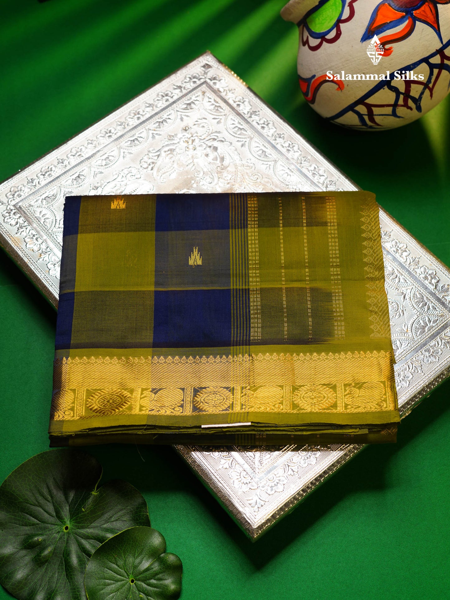 Beautiful Paalum Pazham Checks Semi Silk Cotton Saree With Contrast Olive Green Blouse