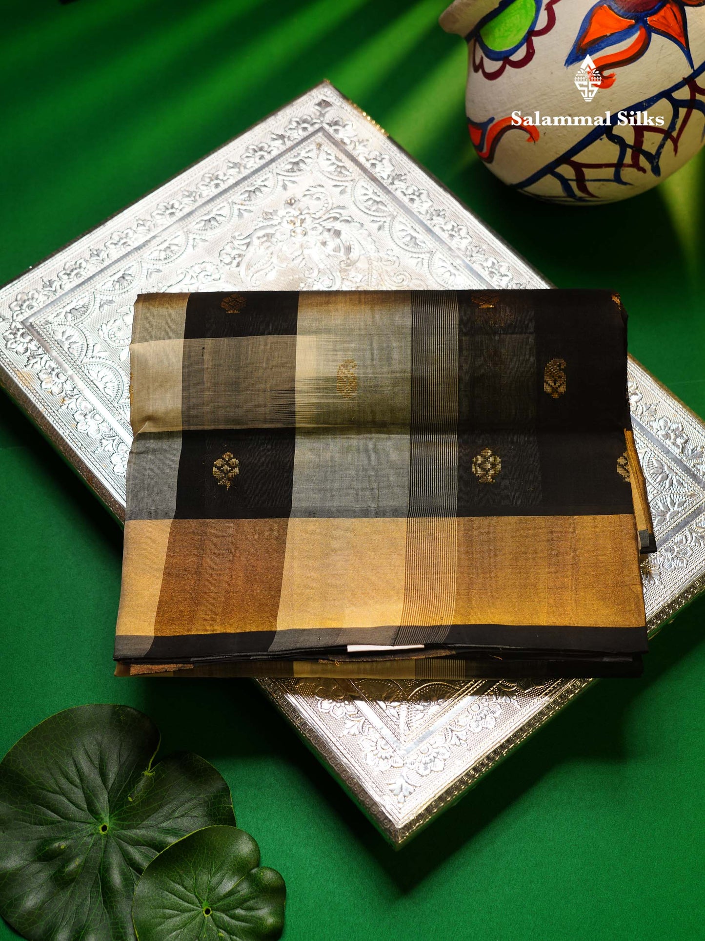 Beautiful Paalum Pazham Checks Pure Silk Cotton Saree With Contrast Black Blouse