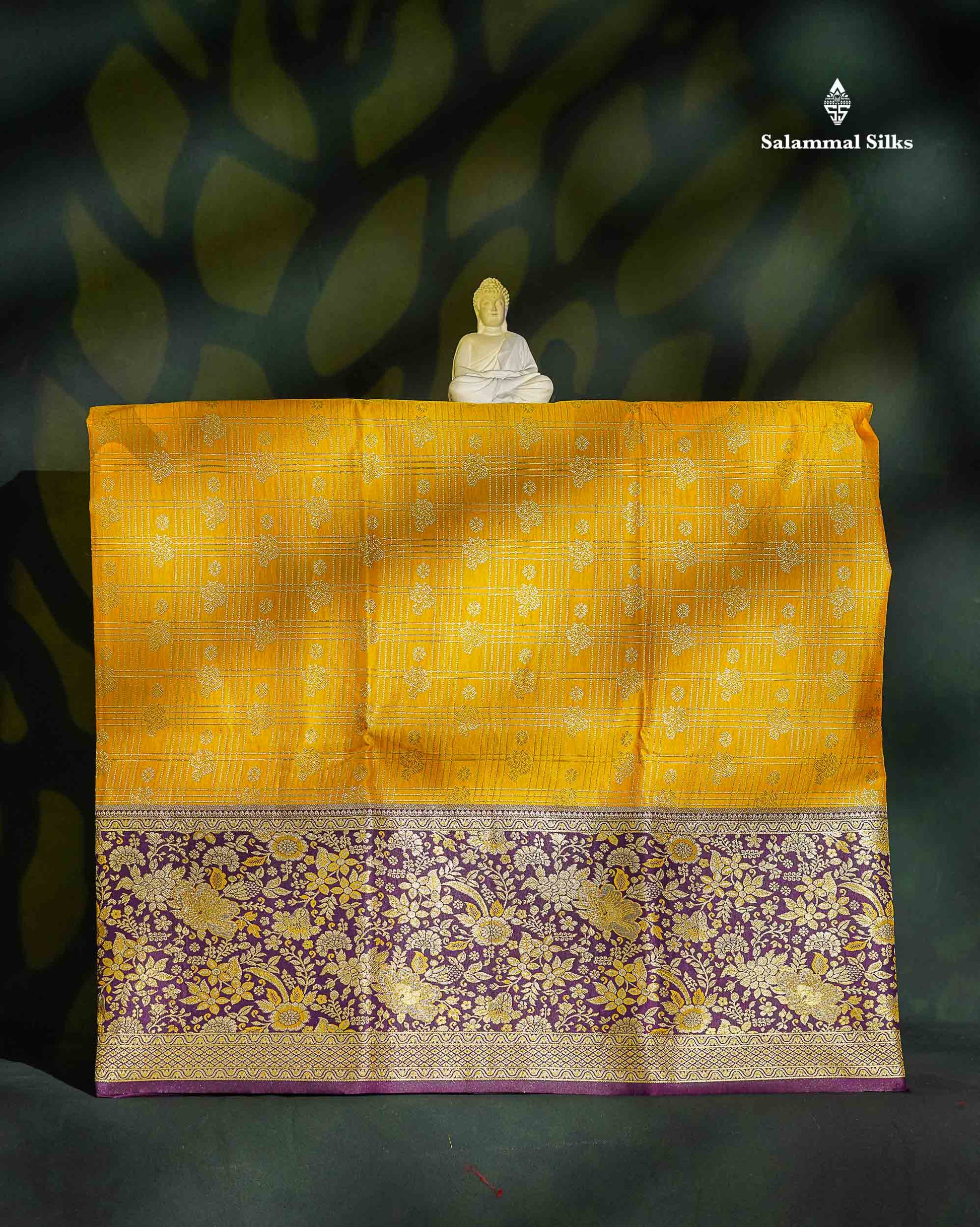 Semi Silk Pattu Pavadai - Yellow With Dark Purple Blouse | 9+ Years