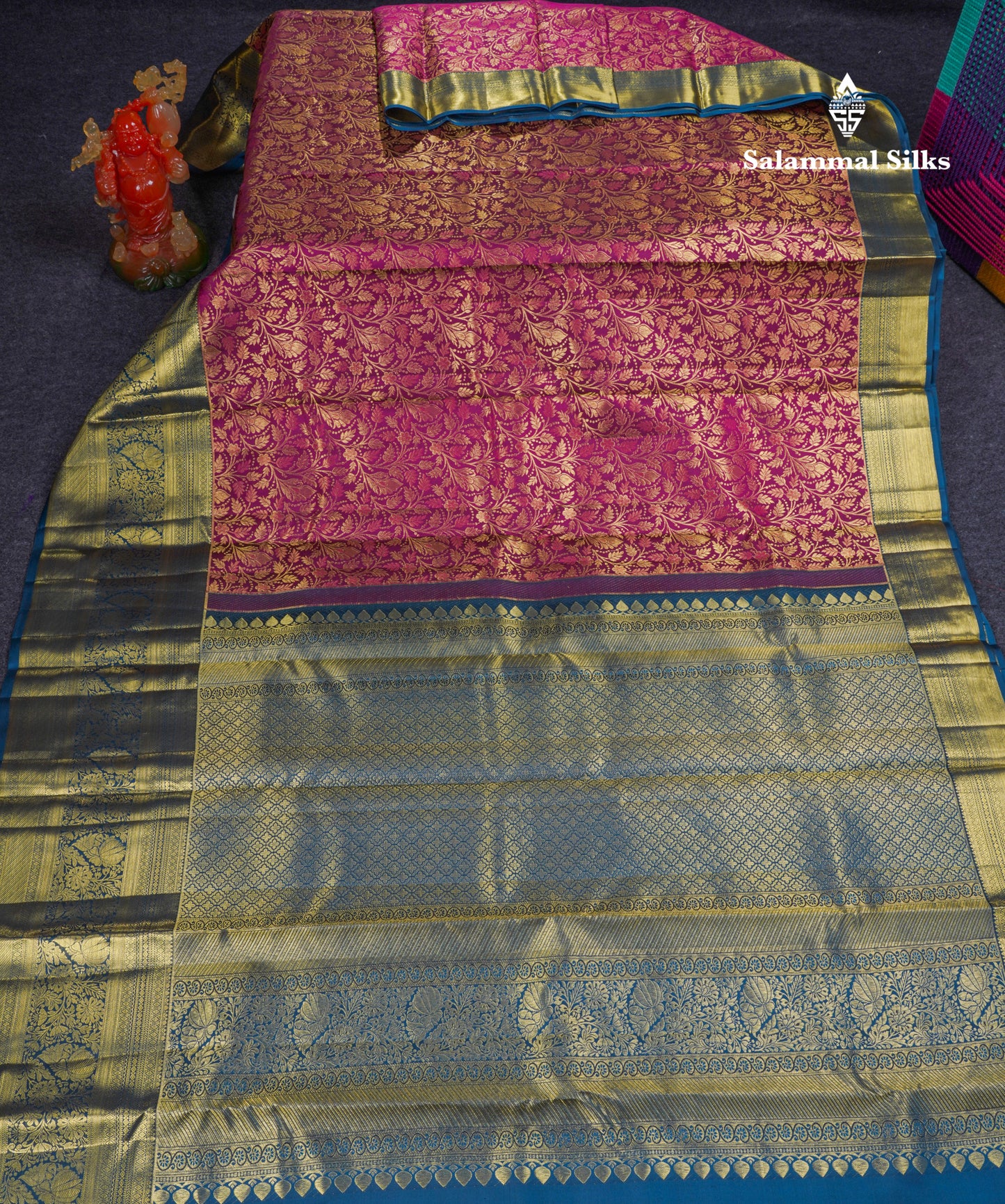Beautiful Magenta Bridal Pure Kanjivaram Silk Saree With Contrast Peacock Blue Traditional Evening Morning Border