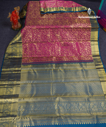 Beautiful Magenta Bridal Pure Kanjivaram Silk Saree With Contrast Peacock Blue Traditional Evening Morning Border