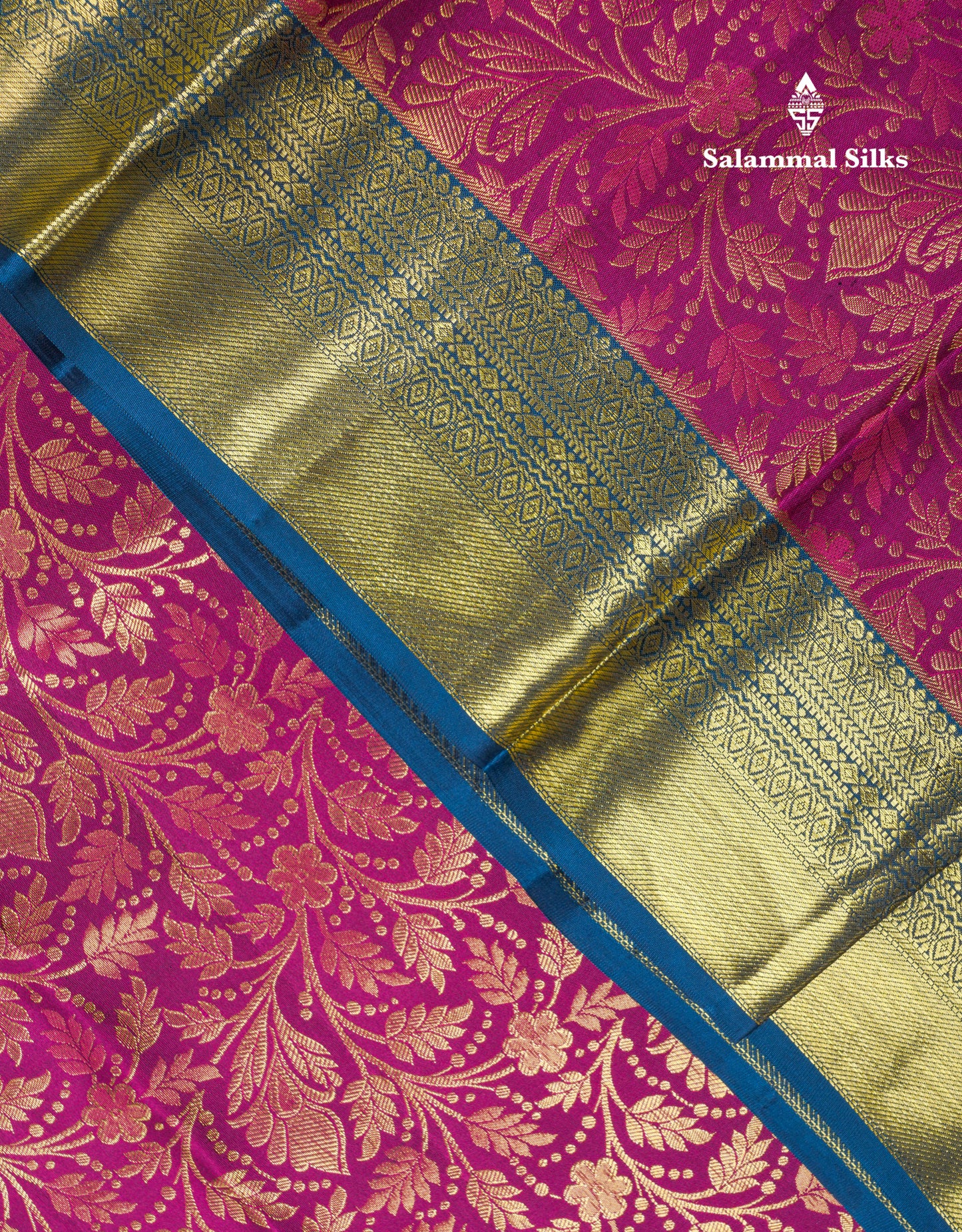 Beautiful Magenta Bridal Pure Kanjivaram Silk Saree With Contrast Peacock Blue Traditional Evening Morning Border