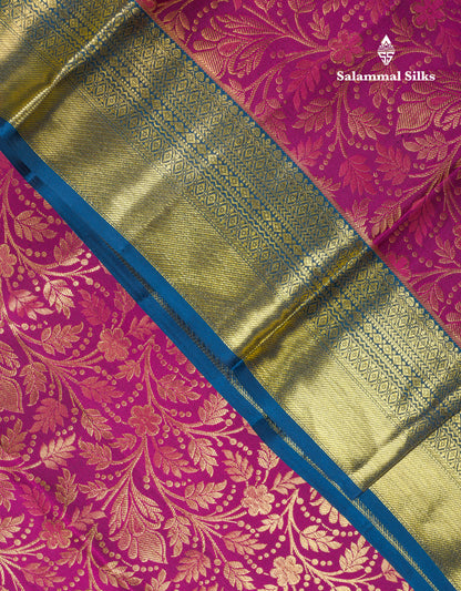Beautiful Magenta Bridal Pure Kanjivaram Silk Saree With Contrast Peacock Blue Traditional Evening Morning Border
