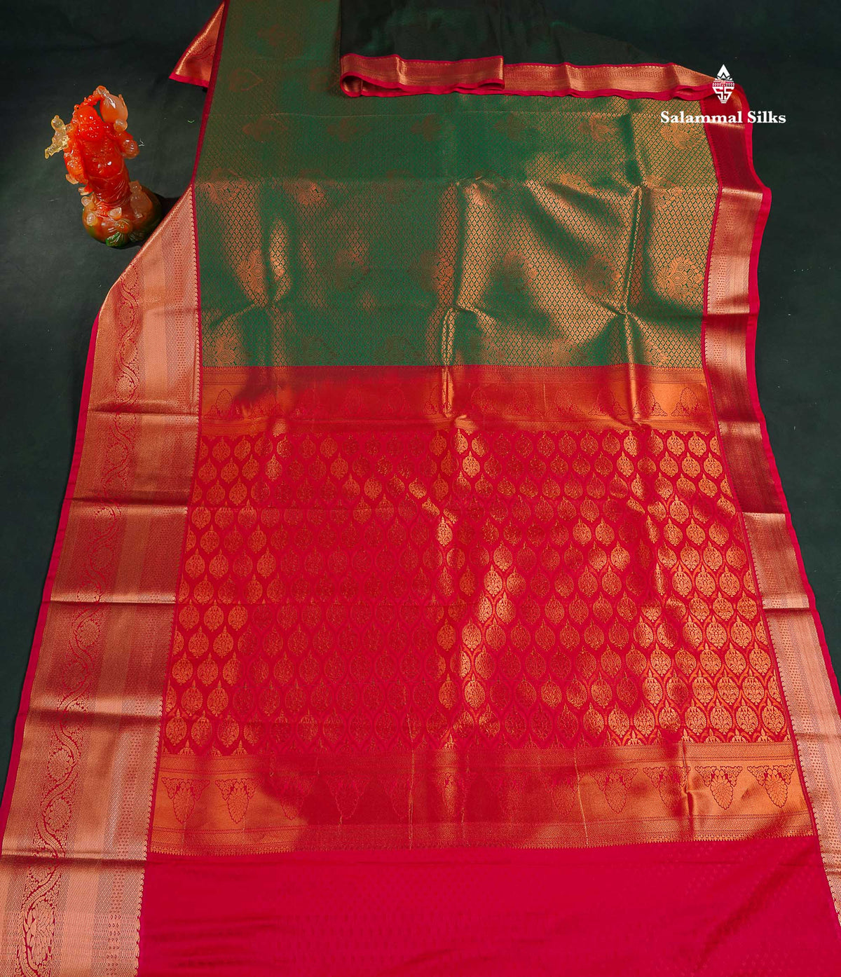 Semi Silk Saree - Bottle Green Colour Body With Contrast Dual Tone Red Border
