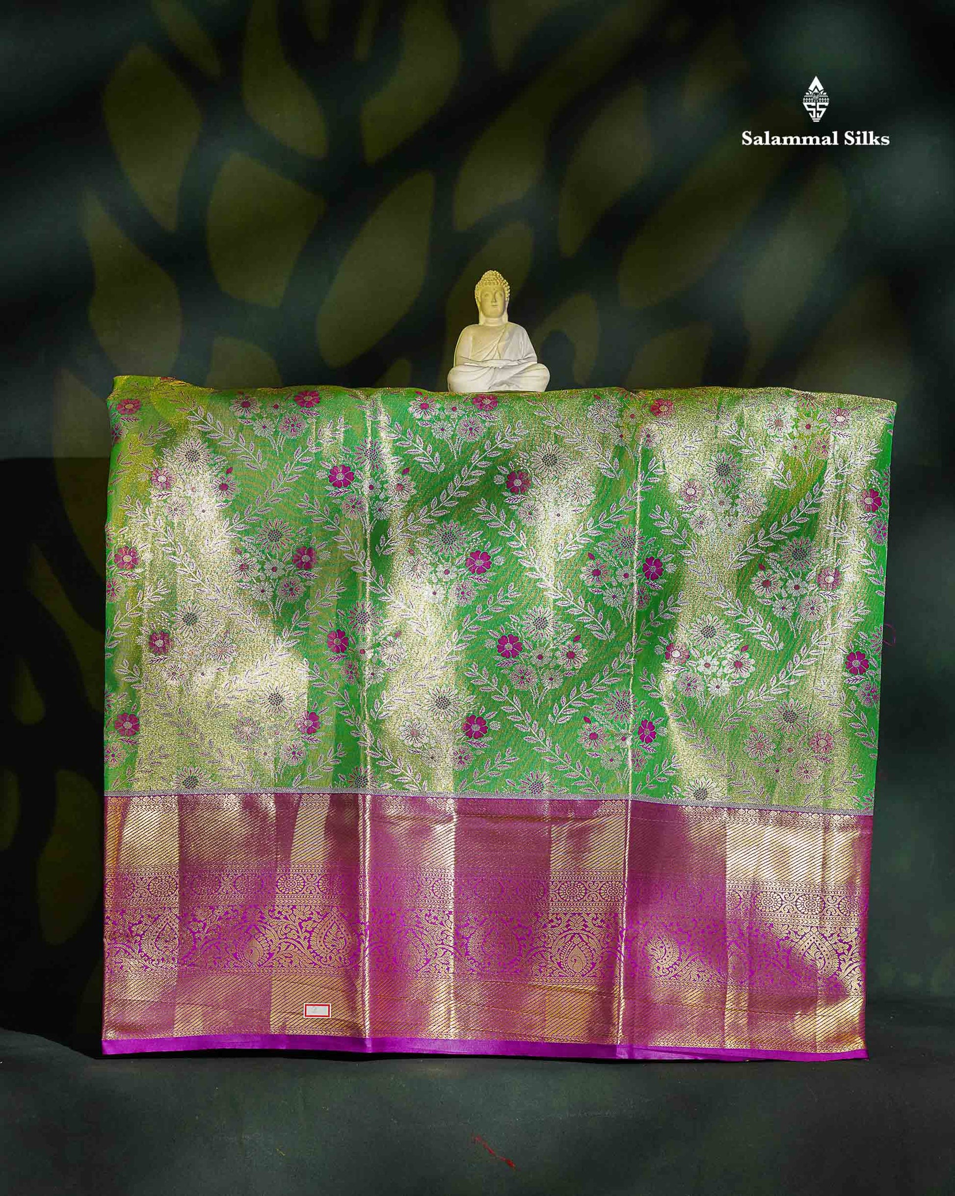 Semi Silk Pattu Pavadai - Green Tissue With Contrast Vadamalli Blouse | 9+ Years 