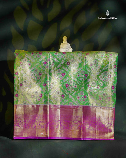 Semi Silk Pattu Pavadai - Green Tissue With Contrast Vadamalli Blouse | 9+ Years 