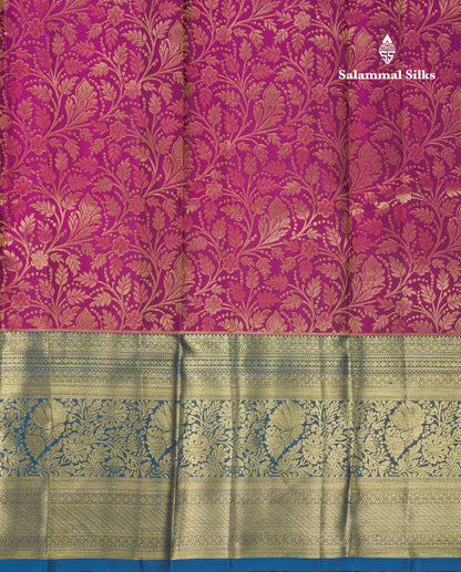 Beautiful Magenta Bridal Pure Kanjivaram Silk Saree With Contrast Peacock Blue Traditional Evening Morning Border
