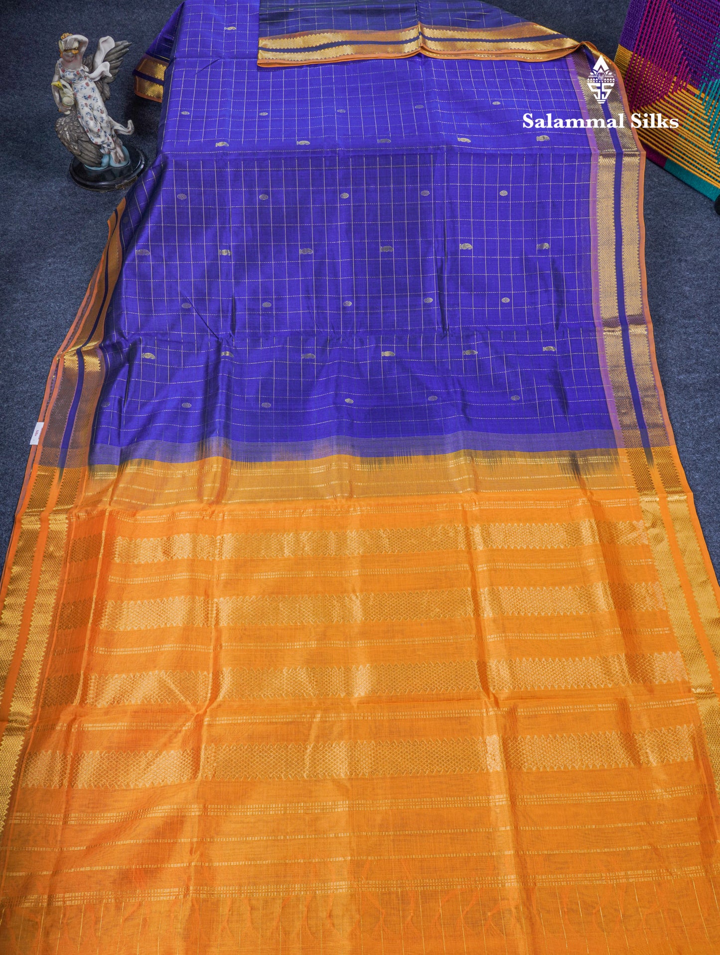Royal Blue Zari Checks With Butta Pure Silk Cotton Saree With Contrast Mustard Yellow Blouse