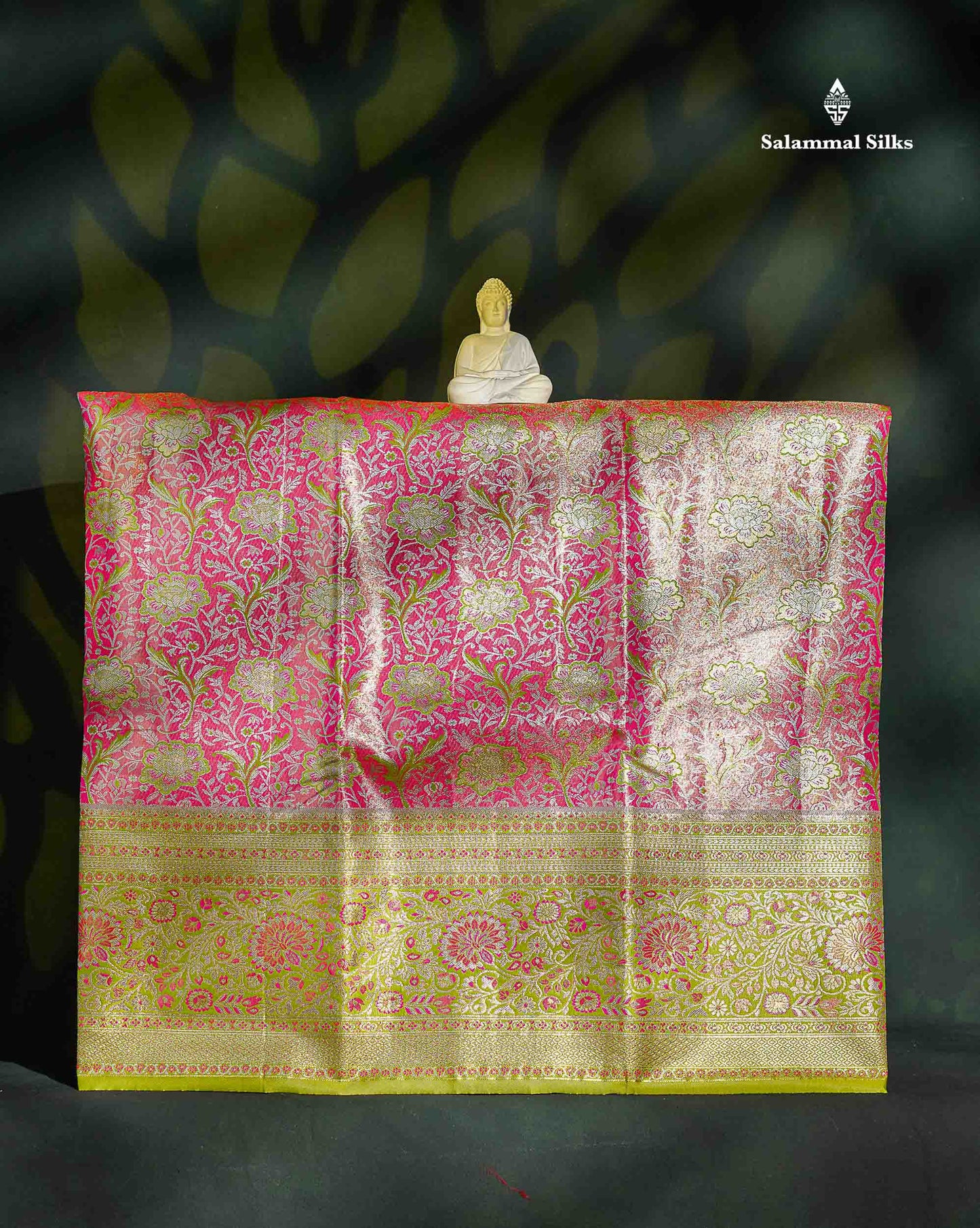 Semi Silk Pattu Pavadai - Pink Tissue With Contrast Parrot Green Blouse | 9+ Years 