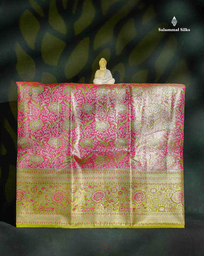 Semi Silk Pattu Pavadai - Pink Tissue With Contrast Parrot Green Blouse | 9+ Years 
