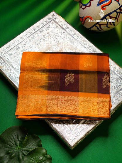 Beautiful Paalum Pazham Checks Pure Silk Cotton Saree With Contrast Mustard Yellow Blouse