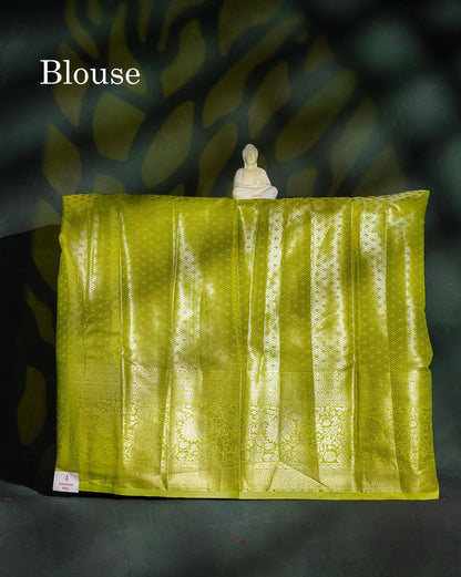 Semi Silk Pattu Pavadai - Pink Tissue With Contrast Parrot Green Blouse | 9+ Years