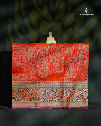 Semi Silk Pattu Pavadai - Orange With Dark Purple Blouse | 9+ Years