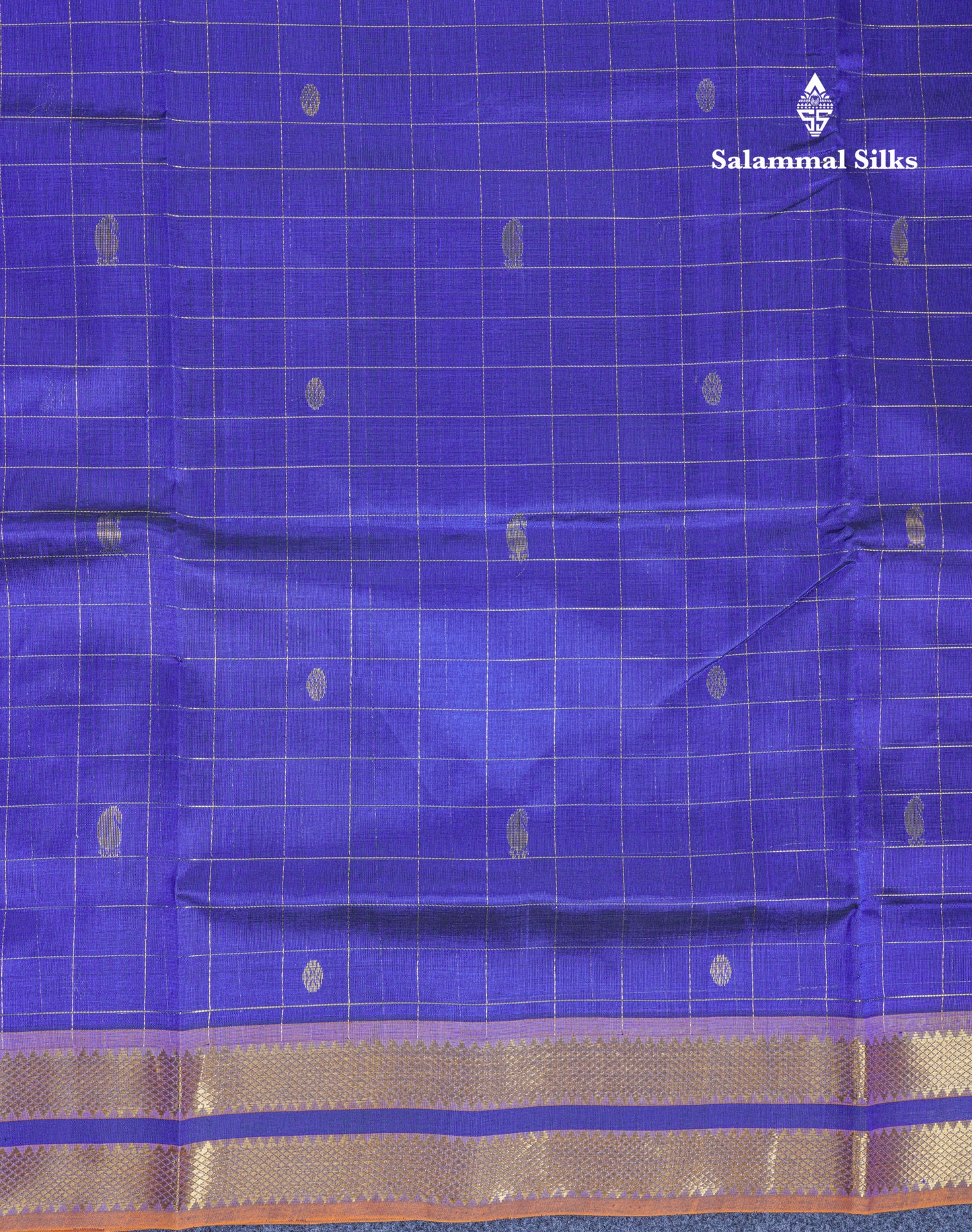Royal Blue Zari Checks With Butta Pure Silk Cotton Saree With Contrast Mustard Yellow Blouse