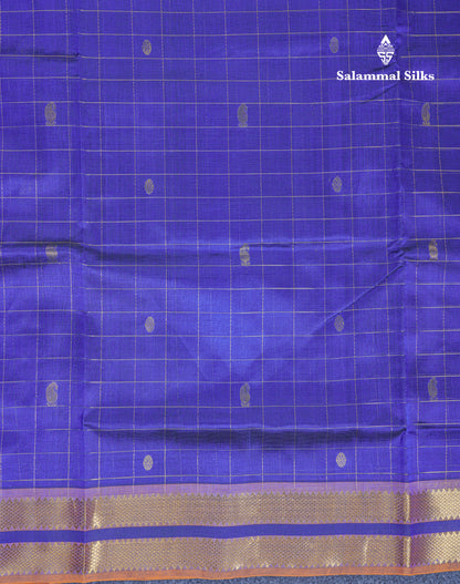 Royal Blue Zari Checks With Butta Pure Silk Cotton Saree With Contrast Mustard Yellow Blouse