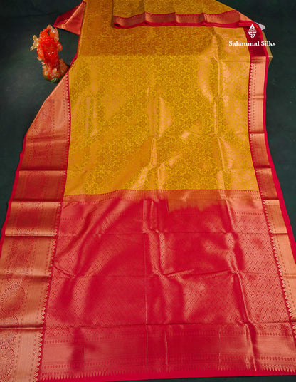 Semi Silk Saree - Mustard Yellow Colour Body With Contrast Red Border 