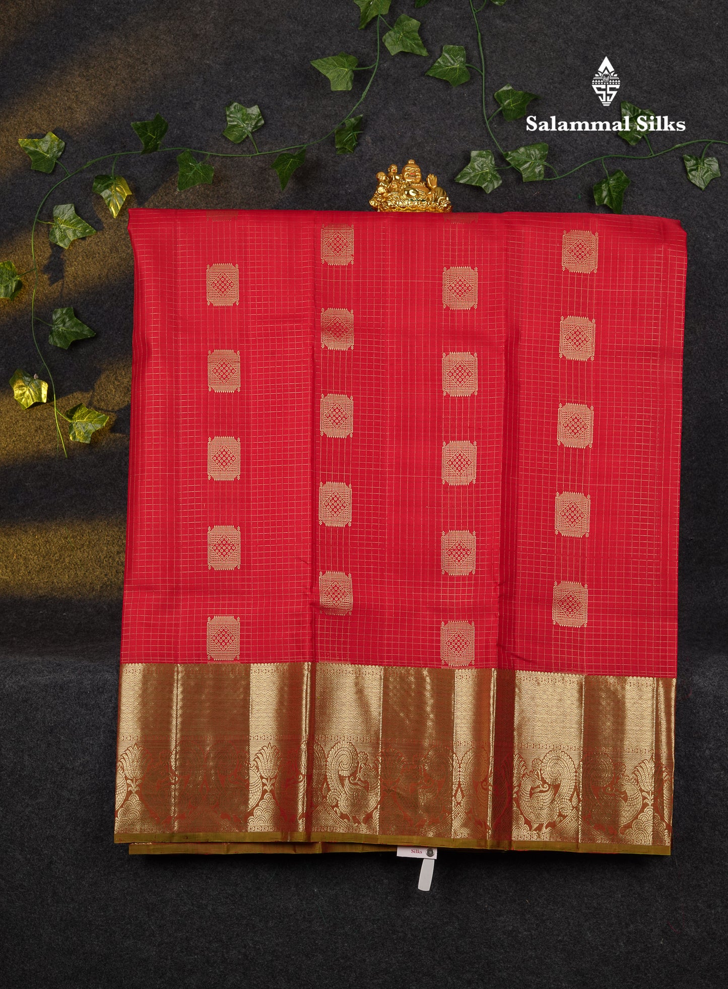 Beautiful Pure Silk Pattu Pavadai Checks With Butta (Chilly Red) With Contrast Olive Green Blouse 45"