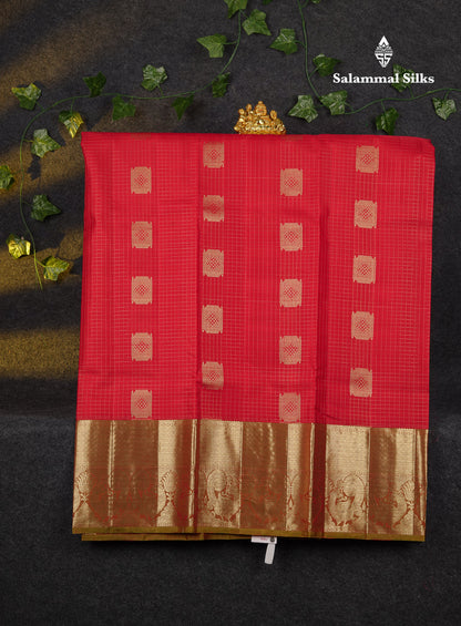 Beautiful Pure Silk Pattu Pavadai Checks With Butta (Chilly Red) With Contrast Olive Green Blouse 45"