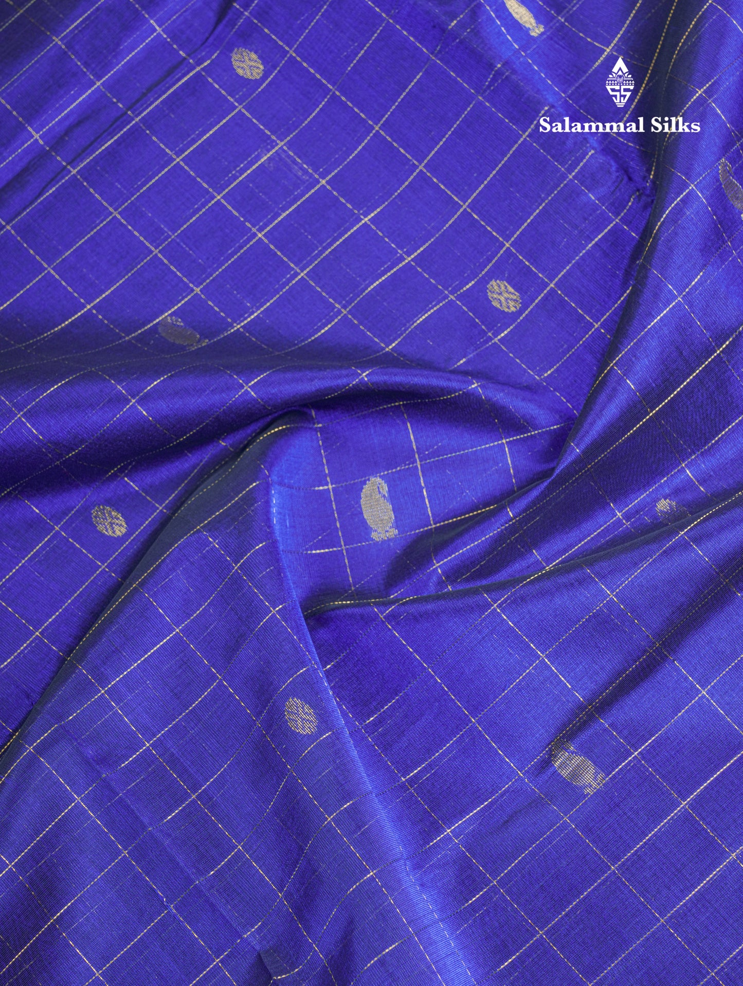 Royal Blue Zari Checks With Butta Pure Silk Cotton Saree With Contrast Mustard Yellow Blouse
