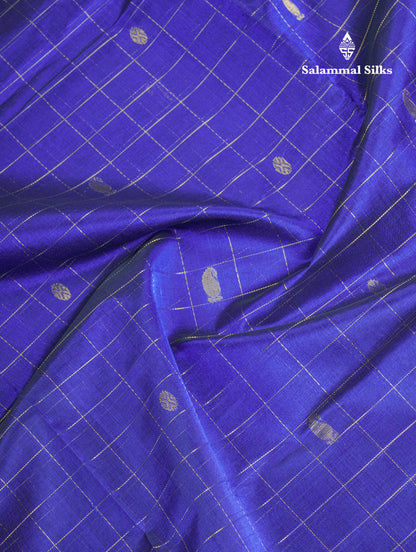 Royal Blue Zari Checks With Butta Pure Silk Cotton Saree With Contrast Mustard Yellow Blouse