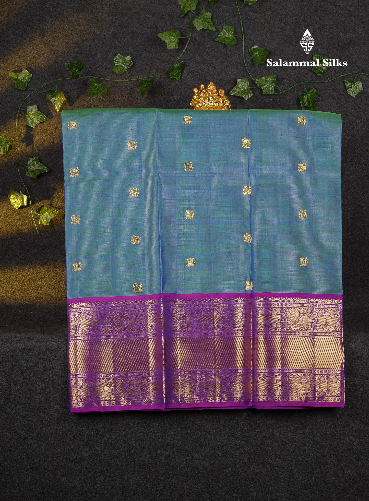 Beautiful Pure Silk Pattu Pavadai (Dual Tone Peacock Blue) With Contrast Purple Blouse 44"