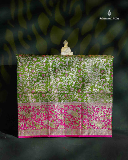 Semi Silk Pattu Pavadai - Green Tissue With Contrast Pink Blouse | 9+ Years