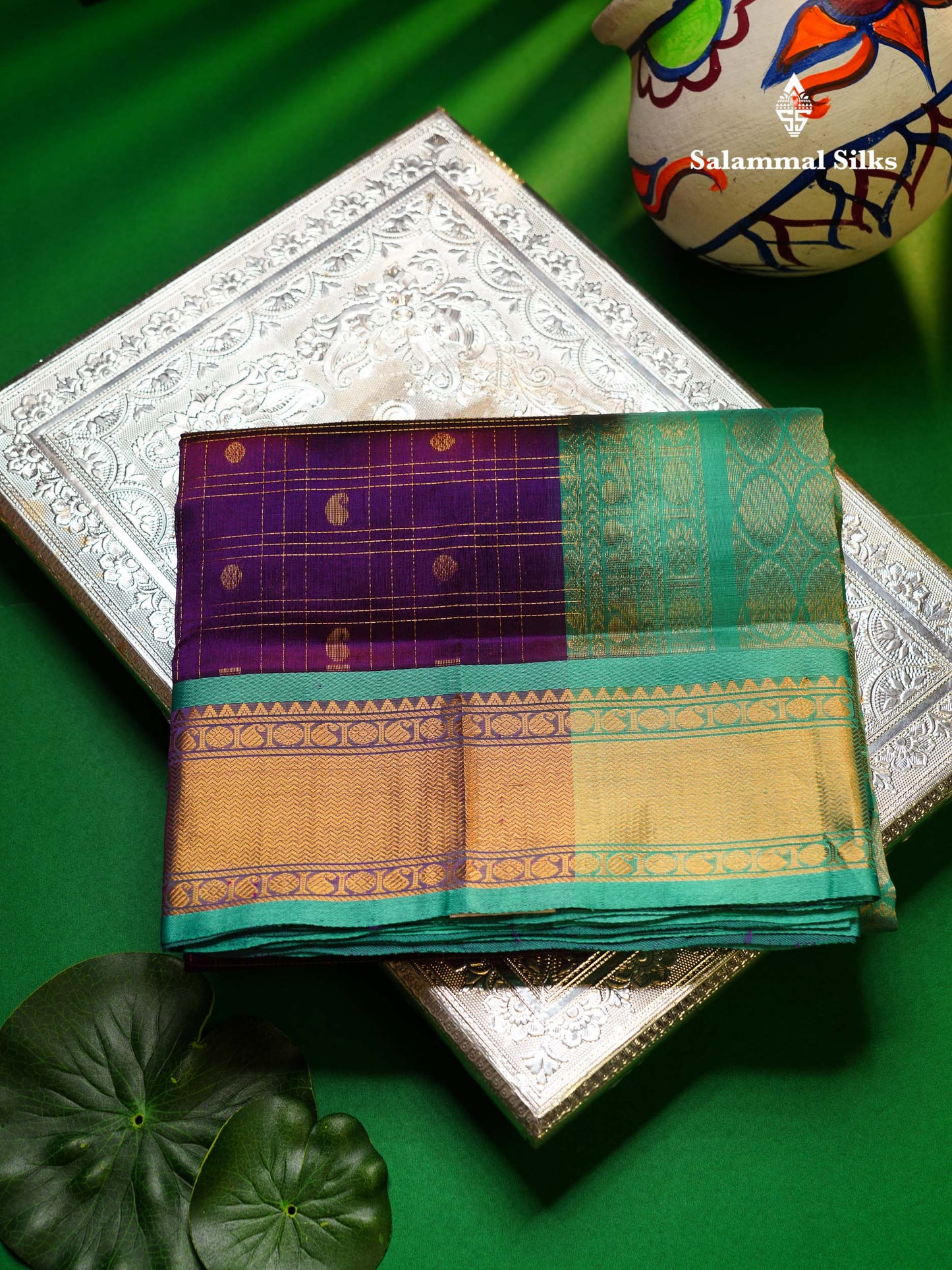 Beautiful Dark Purple Checks With Butta Pure Silk Cotton Saree With Contrast Sapphire Green Traditional Border