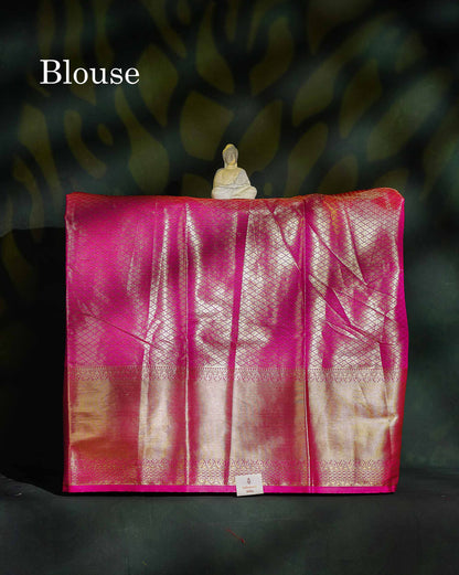 Semi Silk Pattu Pavadai - Green Tissue With Contrast Pink Blouse | 9+ Years