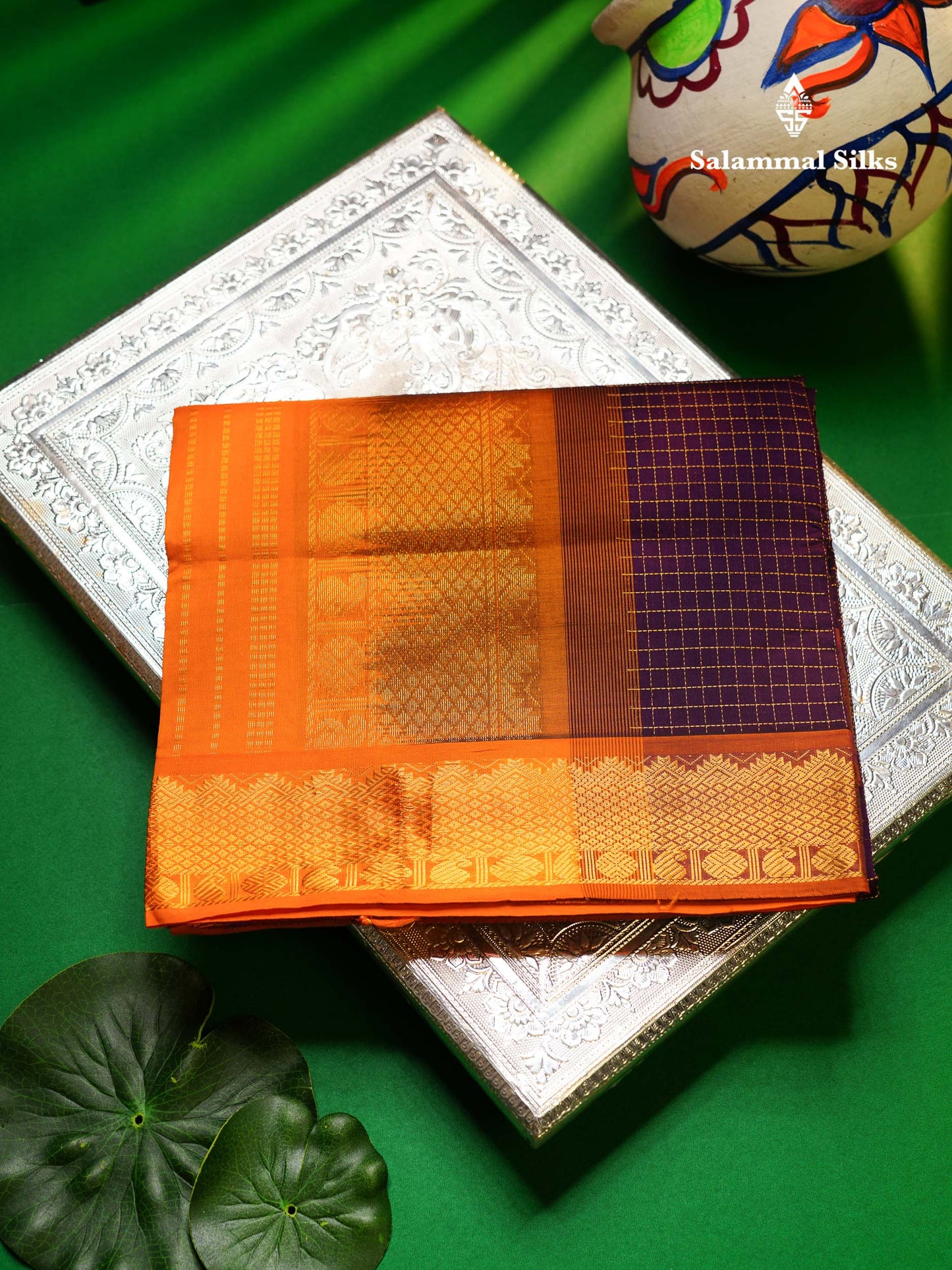 Beautiful Royal Blue Small Zari Checks Semi Silk Cotton Saree With Contrast Orange Blouse