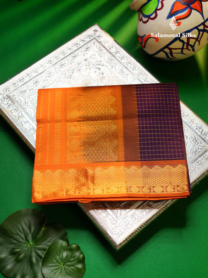 Beautiful Royal Blue Small Zari Checks Semi Silk Cotton Saree With Contrast Orange Blouse
