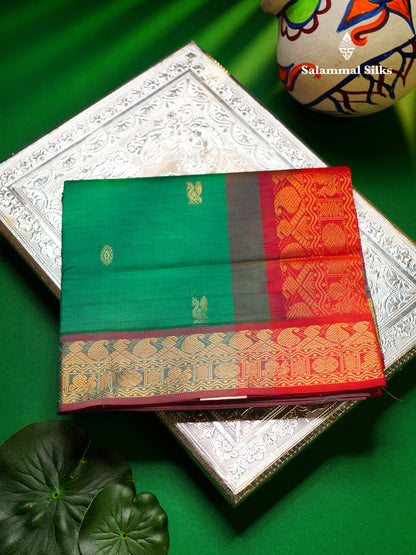 Beautiful Sapphire Green Semi Silk Cotton Saree With Contrast Pink Blouse
