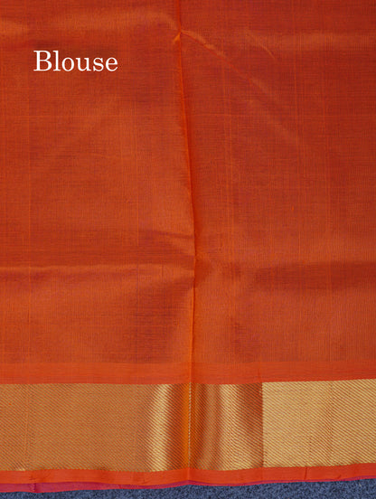 Dark Purple Plain Pure Silk Cotton Saree With Contrast Orange Blouse