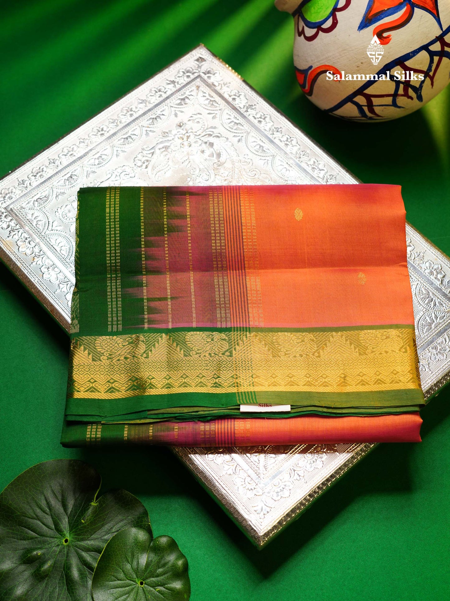 Beautiful Peach Handloom Pure Silk Cotton Saree With Green Traditional Border